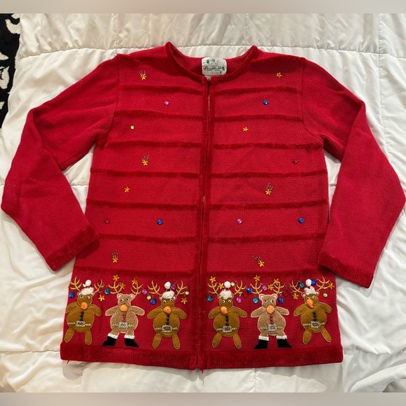 Quacker Factory VTG ZipUp Reindeer Cardigan Sweater Ugly Christmas Grannycore SM - Picture 2 of 14